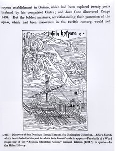 San Domingo felfedezése, a Paul Lacroix által írt és metszett "Tudomány és irodalom a középkorban és a reneszánszban" című könyvből, 1878.
